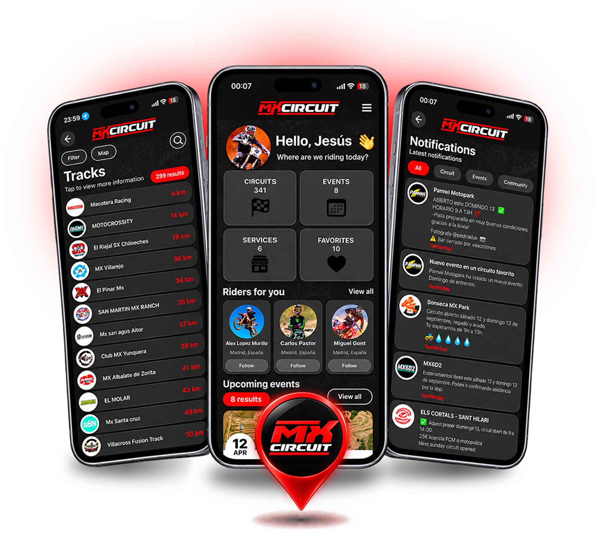MXCircuit app showing tracks, alerts and navigation